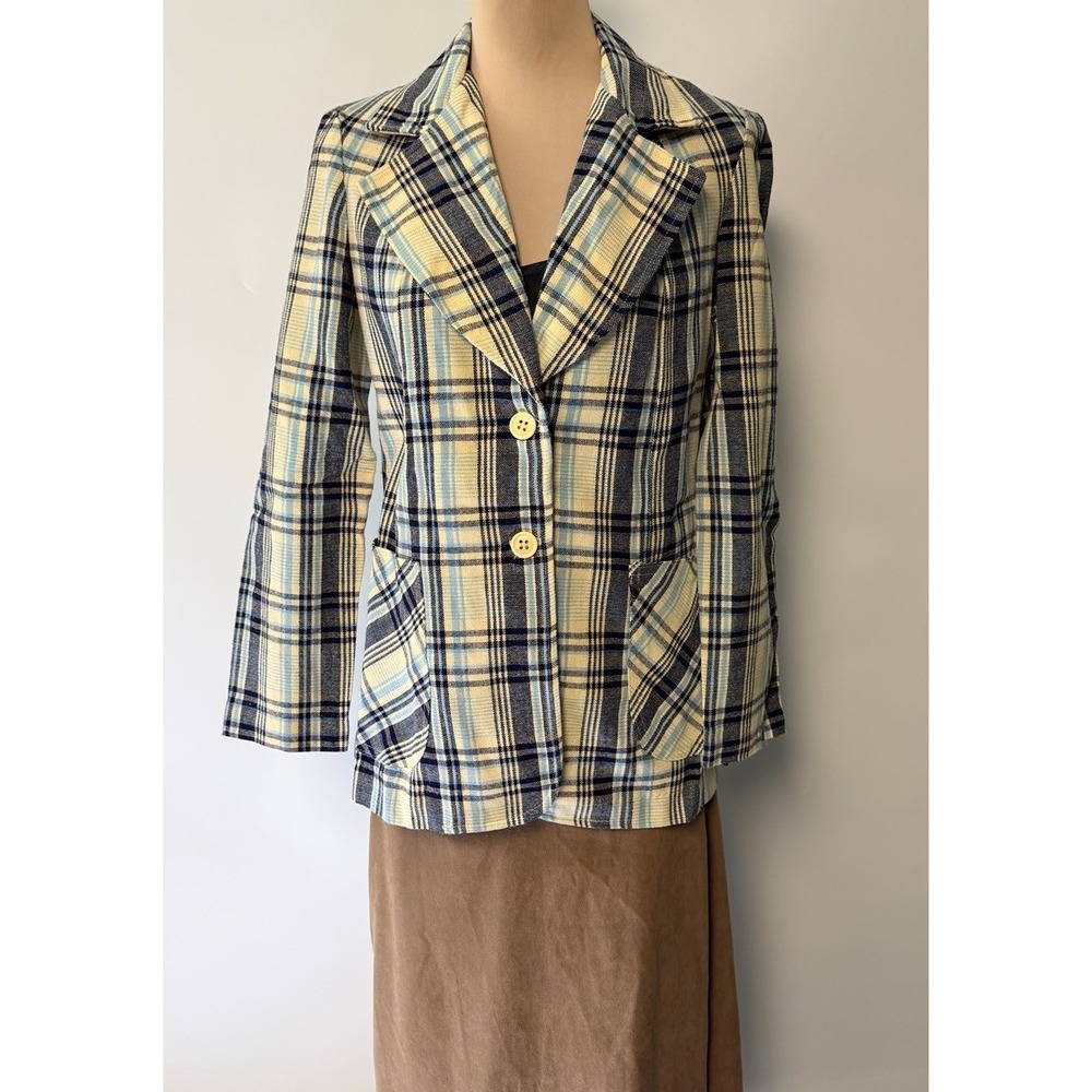 Vintage 60s Plaid Womens Blazer Preppy MOD Medium 1960s Iconic Blue Patch Pocket